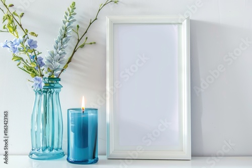 Summer themed white frame mockup with herbs and candles. Template for design. photo