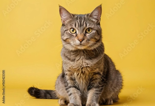 A cat sitting upright on a yellow background with a confident expression on its face