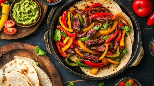 Sizzling Beef Fajita Platter on Hot Grill: Appetizing Tex-Mex Cuisine Ready to Serve