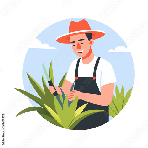 A flat illustration of mexican farmer harvest crop in fields