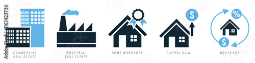 Real estate property, house residential building architecture. Containing commercial and industrial  real estate, home warranty and mortgage vector glyphs pictogram sign icon symbol ui and ux design	
