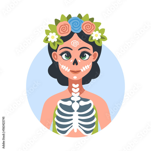 A flat illustration of a mexican catrina skeleton 