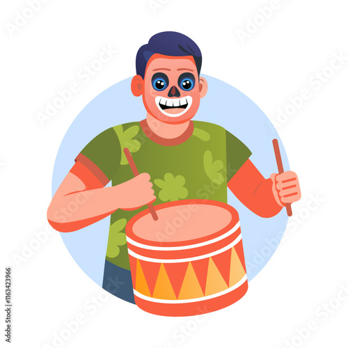 Muertos drummer beating drum with sticks illustration in flat style 