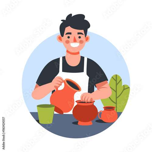A flat illustration of mexican barista making drink in traditional pots 