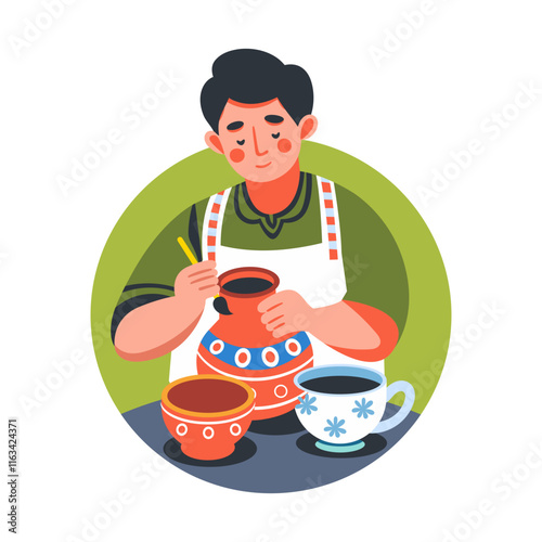 A flat illustration of potter painting on ceramics pots 