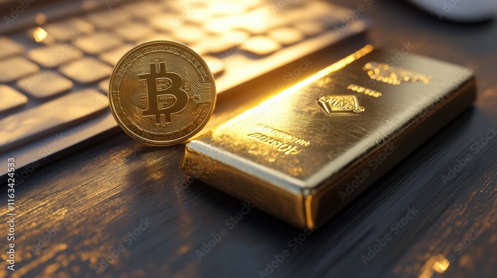 Gold bar and gold bitcoin at the office desk Gold bar and gold bitcoin at the office desk