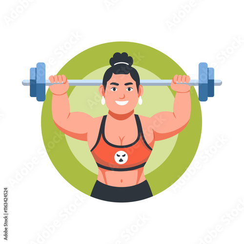 A flat illustration of a strong woman doing exercise with dumbbells 