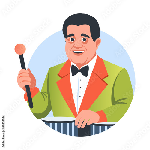 A flat illustration of a drummer character 