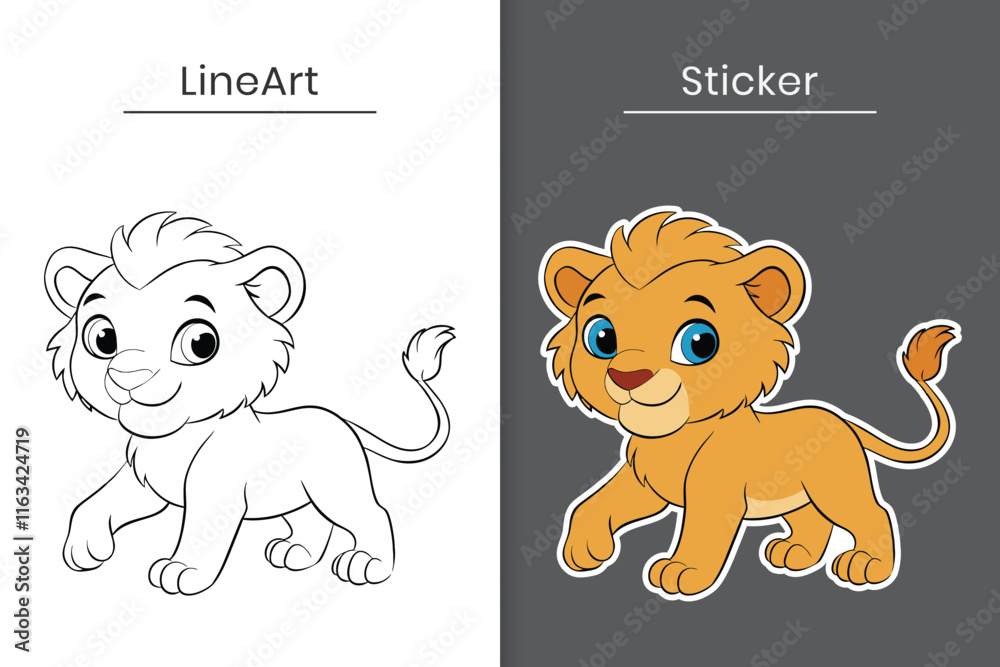 Cute cartoon baby lion vector outline and sticker flat illustration