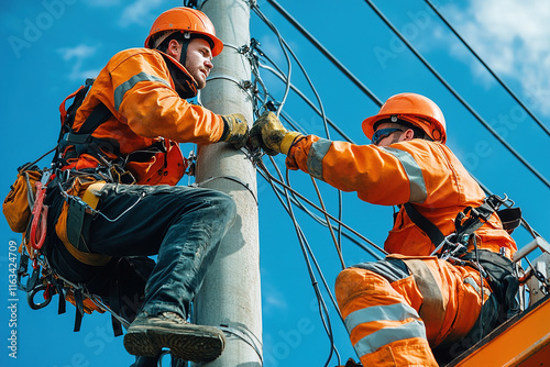 Electricians repair utility poles and maintain power lines under a clear blue sky during midday
