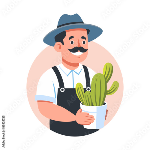 A flat illustration of mexican gardener holding cactus plant 