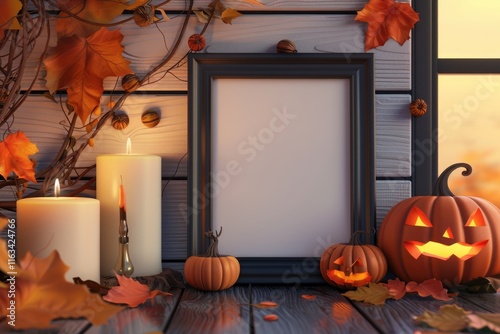 Halloween themed composition with pumpkin  candle  and frame mockup. photo