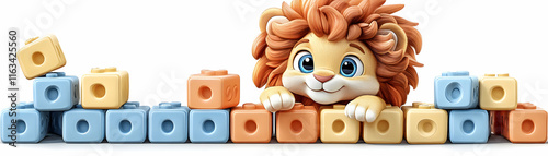 Adorable Lion Cub Playing with Colorful Building Blocks 3D Illustration photo