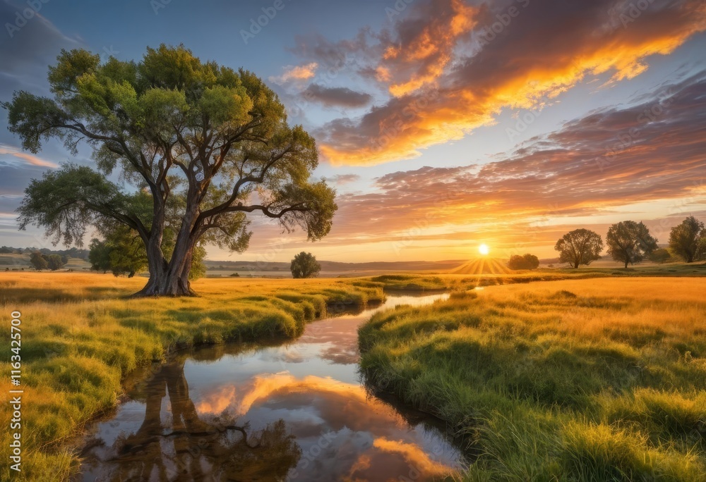 Obraz premium A vibrant sunrise over a landscape with trees, grasslands, and a body of water