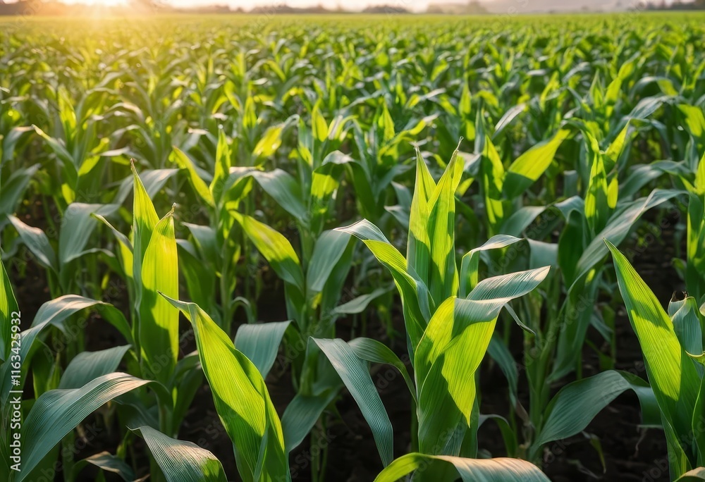 Naklejka premium A field of young corn plants at sunset, bathed in warm sunlight.