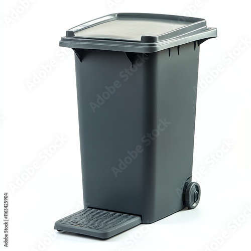 Black trash bin with pedal and wheels on white isolated background. photo