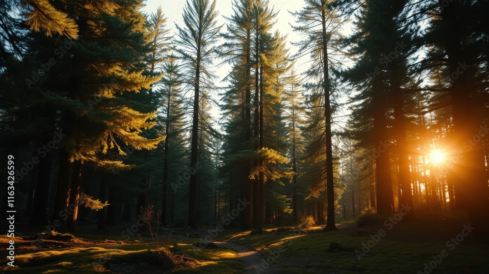Fototapeta premium Golden Hour Pathway Through a Majestic Pine Forest