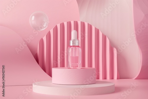 Cosmetic branding background with pink podium and geometric design. photo