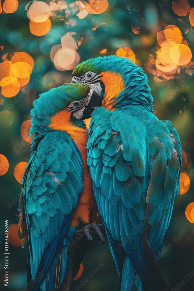 Fototapeta premium Two parrots nuzzle, displaying vibrant plumage. AI.