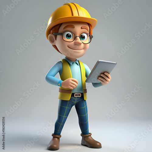 A cartoon construction worker uses a tablet for his work.