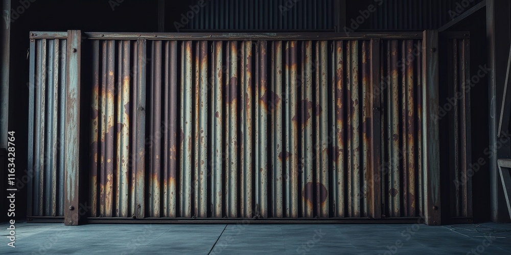 Rustic corrugated metal wall with aged texture and weathered surface, ideal for industrial or grunge backdrop Rustic corrugated metal wall with aged texture and weathered surface, ideal for industrial or grunge backdrop