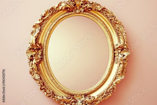 Ornate Gold Oval Mirror Frame Against Peach Wall photo