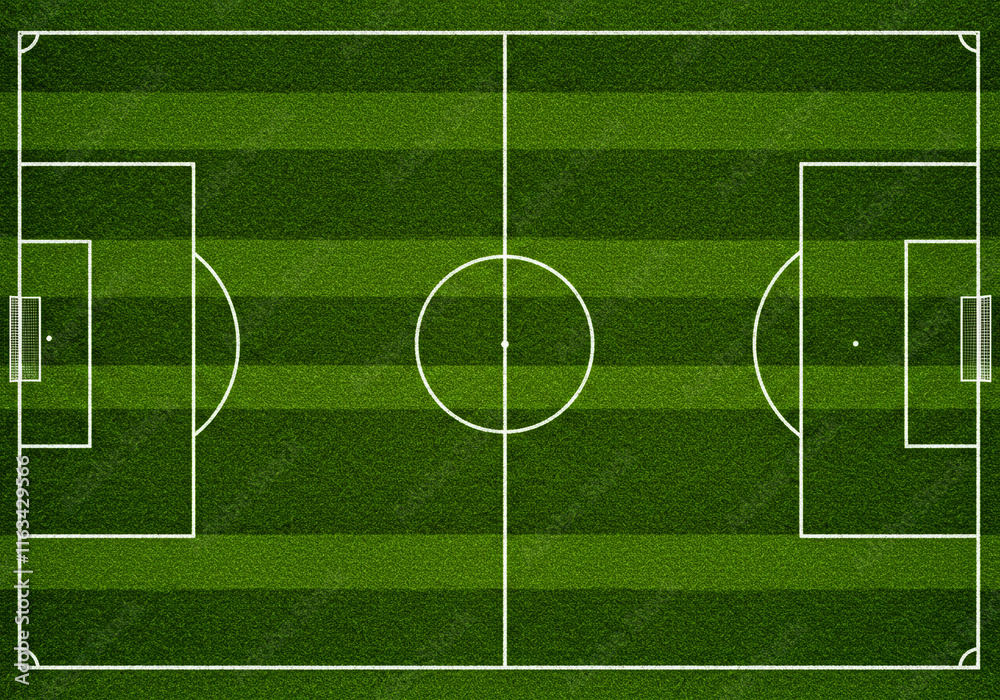 Obraz premium High-quality top view of a soccer field featuring green grass texture and white field markings, perfect for sports backgrounds, game layouts, and design projects.