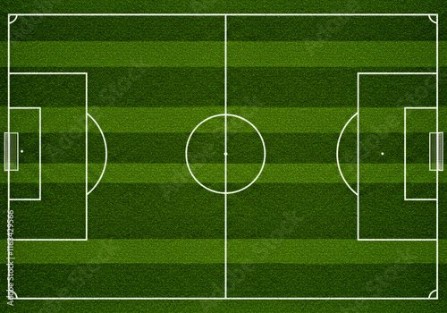 High-quality top view of a soccer field featuring green grass texture and white field markings, perfect for sports backgrounds, game layouts, and design projects.