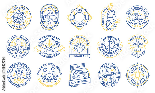 Sea and yacht logos, labels, icons. A set of 15 sea logotypes. Yacht, cruise, octopus, captain, sea horse, crab. Ideal for branding yacht clubs, restaurants, cruises. Vector illustration