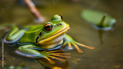 Close-up shot, a green frog croaks rhythmically in the swamp, its vibrant color adding to the scene. photo