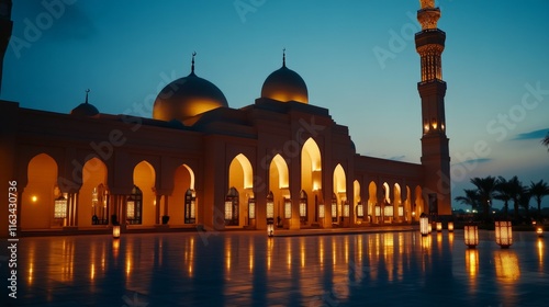 Wallpaper Mural Illuminated middle eastern mosque at dusk with arched architecture and towering minaret Torontodigital.ca