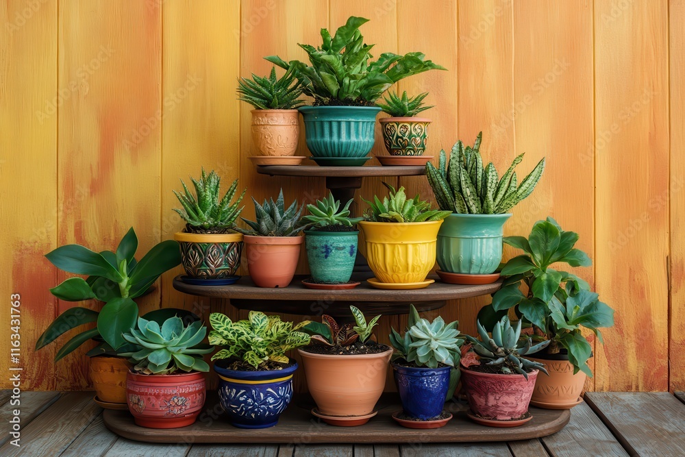 Vibrant Display of Potted Plants on Shelves Against a Rustic Orange Wooden Background Perfect for Home Decor and Nature Lovers Vibrant Display of Potted Plants on Shelves Against a Rustic Orange Wooden Background Perfect for Home Decor and Nature Lovers