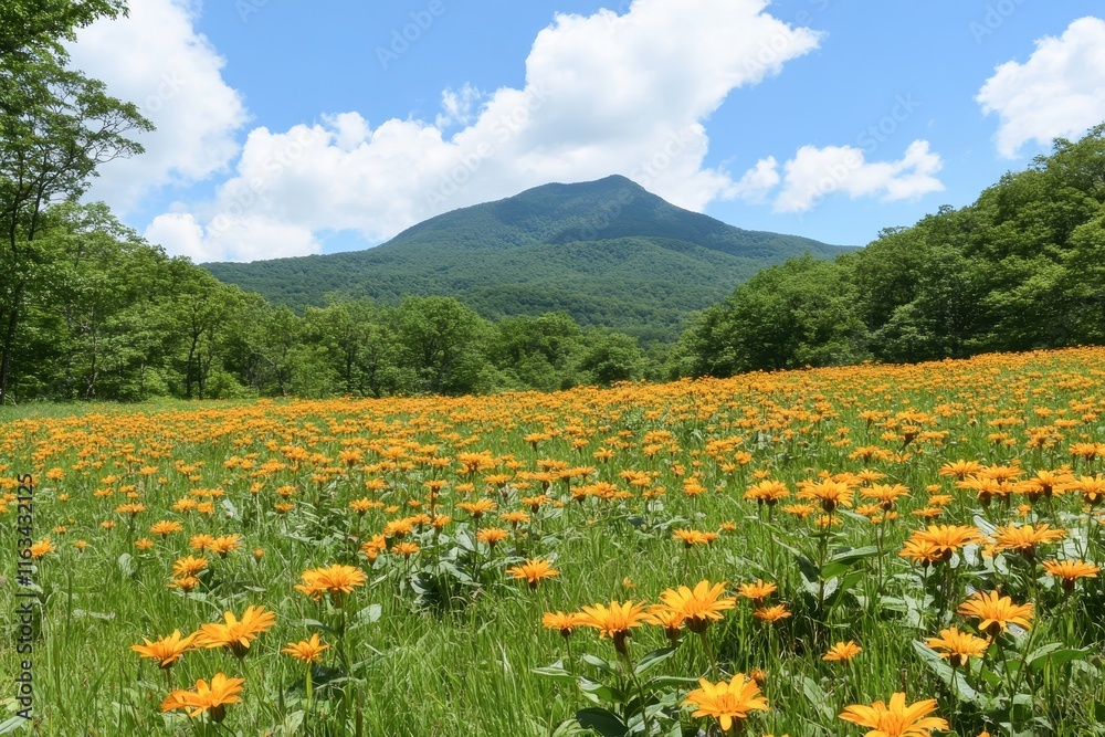 Vibrant Field of Yellow Flowers Under Blue Sky with Dramatic Mountain Backdrop and Fluffy Clouds in Lush Green Nature Landscape Vibrant Field of Yellow Flowers Under Blue Sky with Dramatic Mountain Backdrop and Fluffy Clouds in Lush Green Nature Landscape