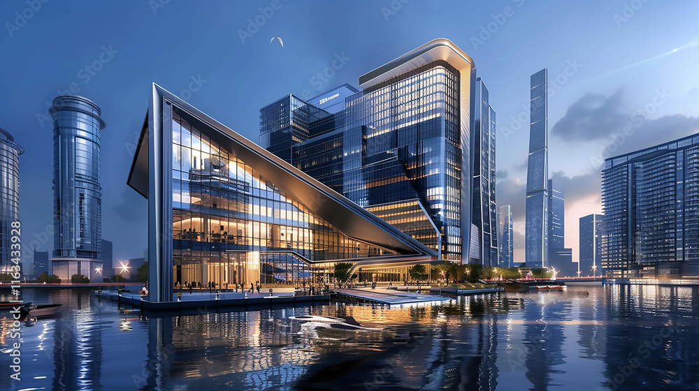 Fototapeta premium Artistic depiction of a cutting-edge, futuristic building design with sleek lines and Capture a stylish industrial living room 