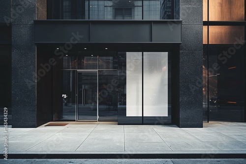 Minimalistic glass storefront logo mockup on a stylish urban facade, ideal for branding and marketing visuals. photo