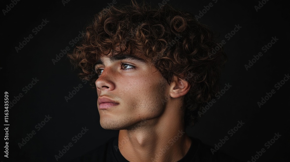 Close-up portrait of a young man with curly brown hair, looking away thoughtfully against a dark background. Close-up portrait of a young man with curly brown hair, looking away thoughtfully against a dark background.