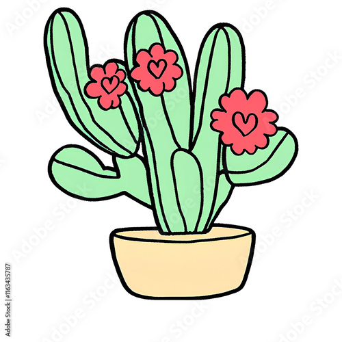 Cactus with Heart-Shaped Flowers. valentine. A cactus plant with flowers in the shape of hearts, symbolizing love blooming in unexpected places.450 png.