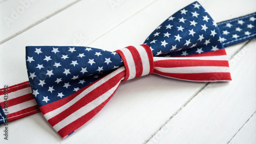 Classic red, white and blue bow tie with stars and stripes pattern.Red, blue and white men's accessory for patriotic events and adds a twist to any outfit. photo