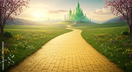 Enchanted yellow brick road leading to magical emerald city in springtime , Fantasy, Oz, Magicians
