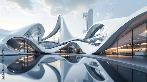 Fantasy futuristic architecture Innovative, futuristic buildings with curved designs and large glass windows, beautifully reflected on surrounding water surfaces. Modern office interior with large

