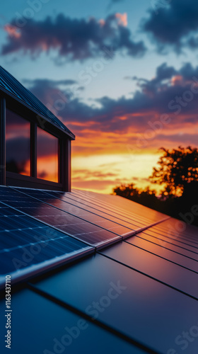 Solar Panel Roof Glowing in the Warm Light of a Vibrant Sunset with Silhouetted Skyline Creating a Peaceful Atmosphere photo