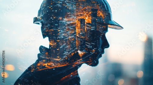 Cityscape Silhouette of an Engineer in a Hard Hat photo