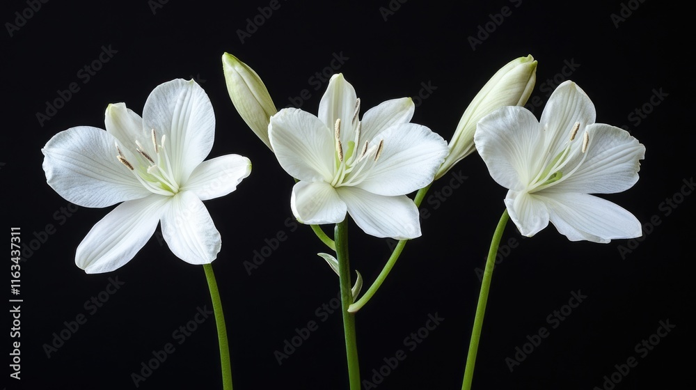 Fototapeta premium Three White Lilies Against a Black Background