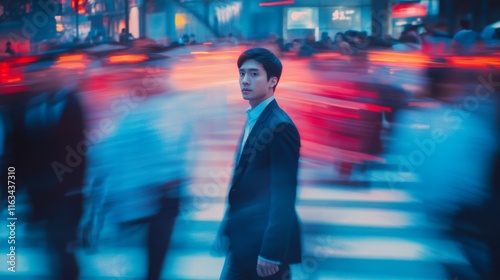 photography, side view, Chinese business professional standing in middle of busy crosswalk in downtown district amidst blurred motion of people moving past. digital concept, surrounded by a blurred mo