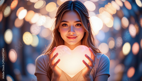 Young pretty woman holding a glowing heart in her hands with warm bokeh background, Symbolizing love and warmth