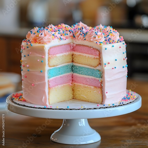 Multi-Layered Vanilla Layered Cake with Sprinkles: A Frosted Dessert Perfect for Baking, Decorating, Birthdays, and Weddings photo