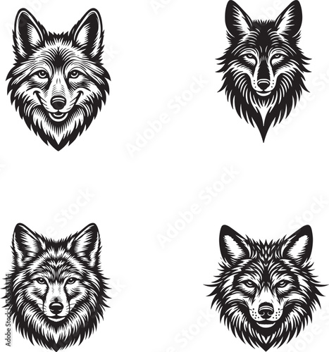 4 Set of Black Silhouettes of Coyote Face Showcasing Wild Elegance in Black and White