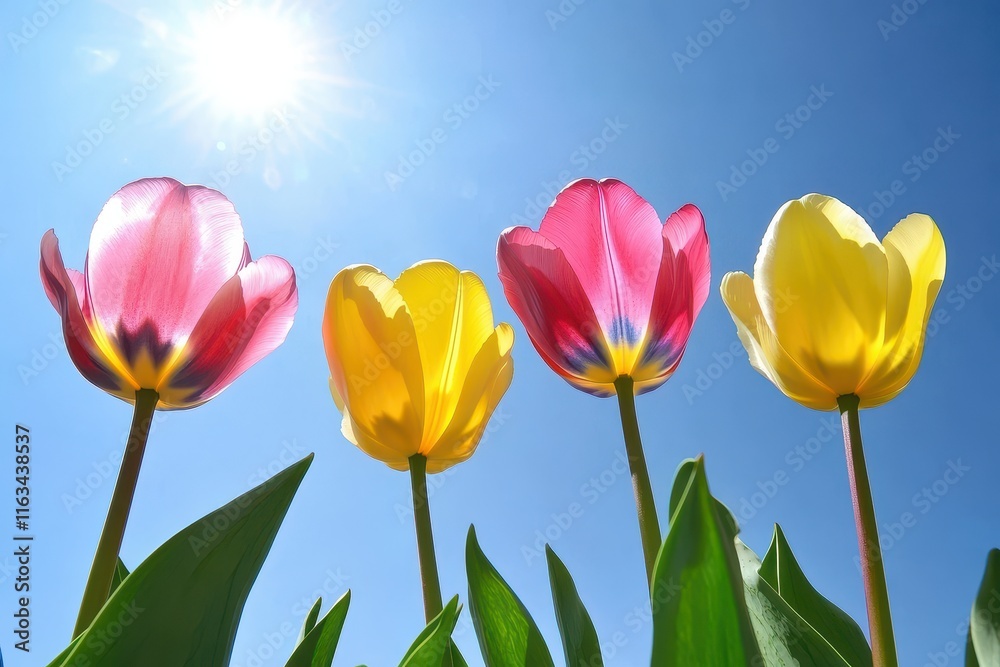 Obraz premium Vibrant Tulips Blooming Against a Clear Blue Sky with Bright Sunlight Highlighting the Colorful Petals and Fresh Green Leaves in a Beautiful Spring Scene