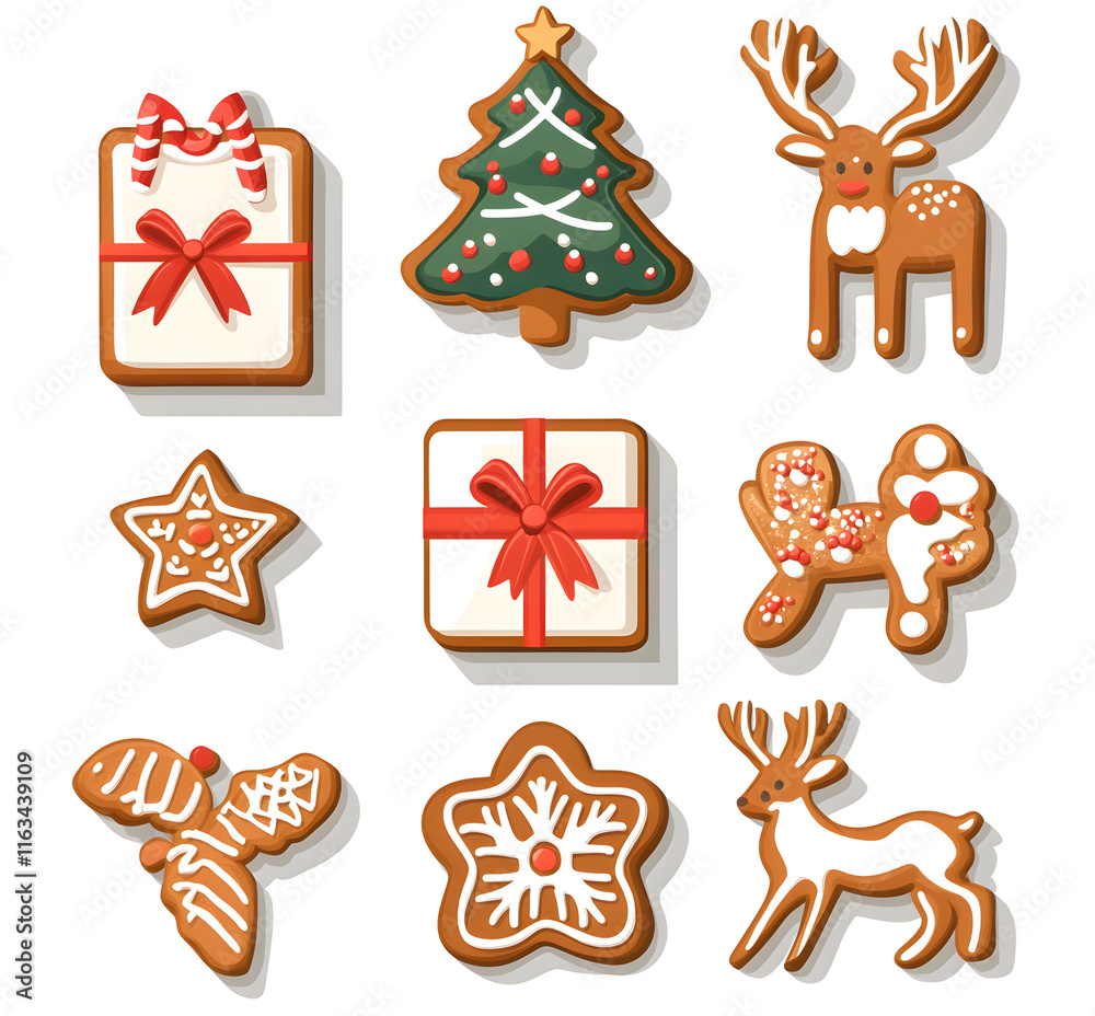 Fototapeta premium Festive Christmas Gingerbread Cookies with Snowflakes, Reindeer, and Christmas Tree Decorations. AI generative.