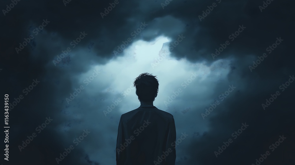 Silhouette of a person standing in a dark room, with an anonymous figure in a suit, illustrating a business candidate Silhouette of a person standing in a dark room, with an anonymous figure in a suit, illustrating a business candidate